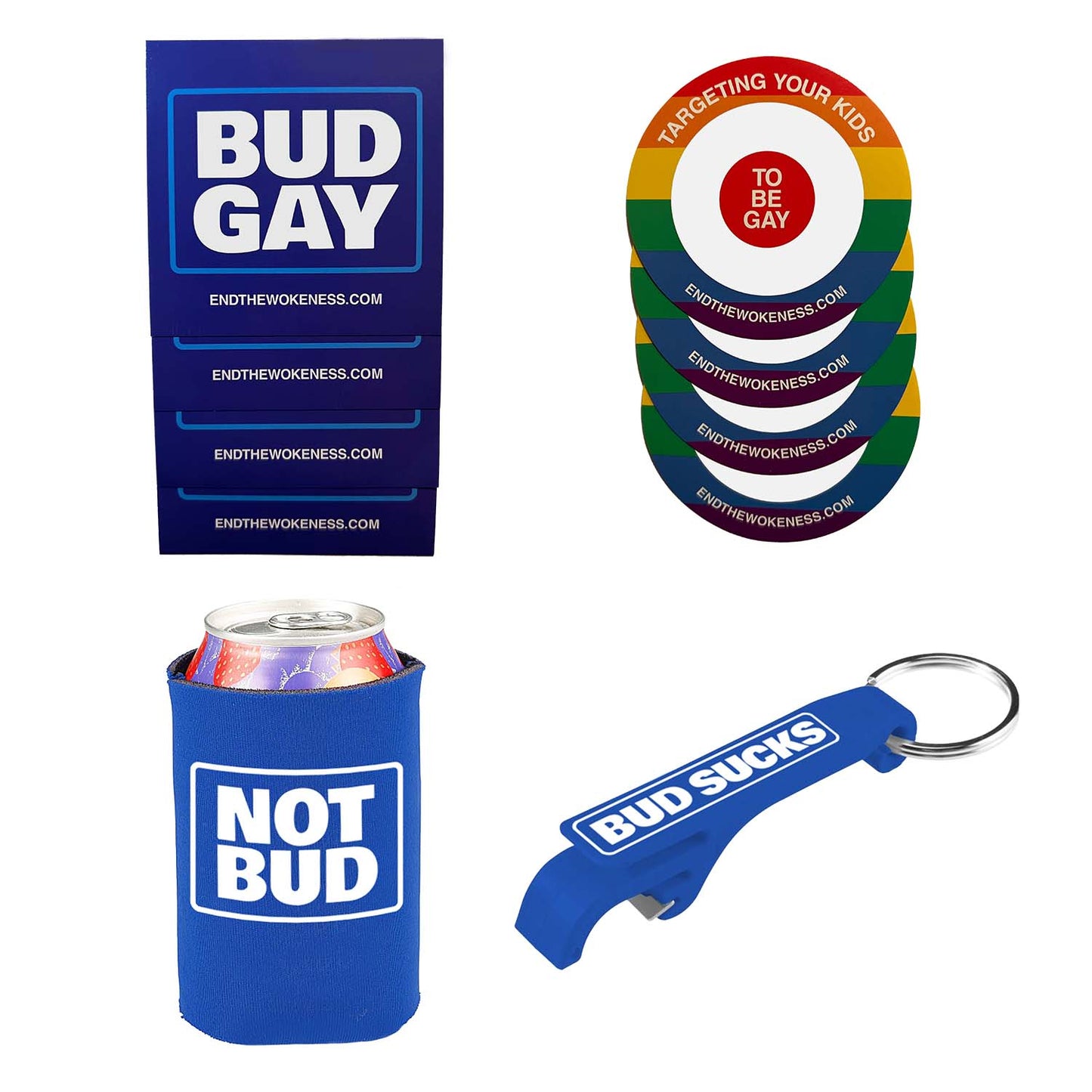 Variety Pack! 2 Sets of 4 Stickers, Koozie, and Bottle Opener